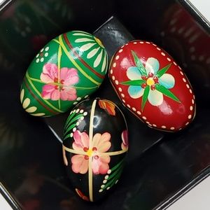 Vintage Hand-painted Wooden Eggs Russia-Poland-Ukraine Set Of 3